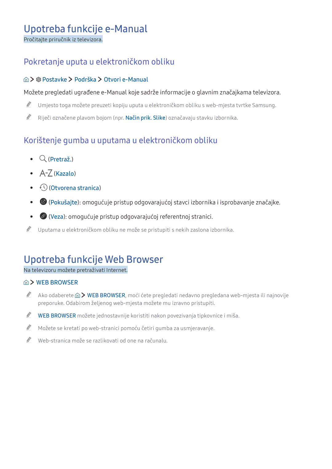 Samsung UE65KU6072UXXH Upotreba funkcije e-Manual, Upotreba funkcije Web Browser, Pokretanje uputa u elektroničkom obliku 