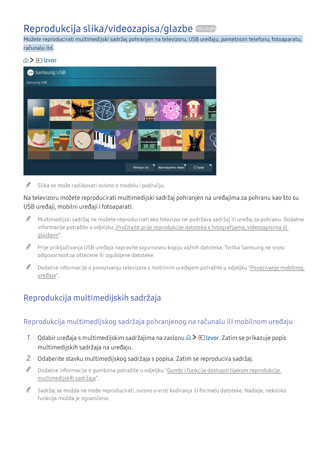 Samsung UE70KU6072UXXH manual Reprodukcija slika/videozapisa/glazbe Pokušajte, Reprodukcija multimedijskih sadržaja 
