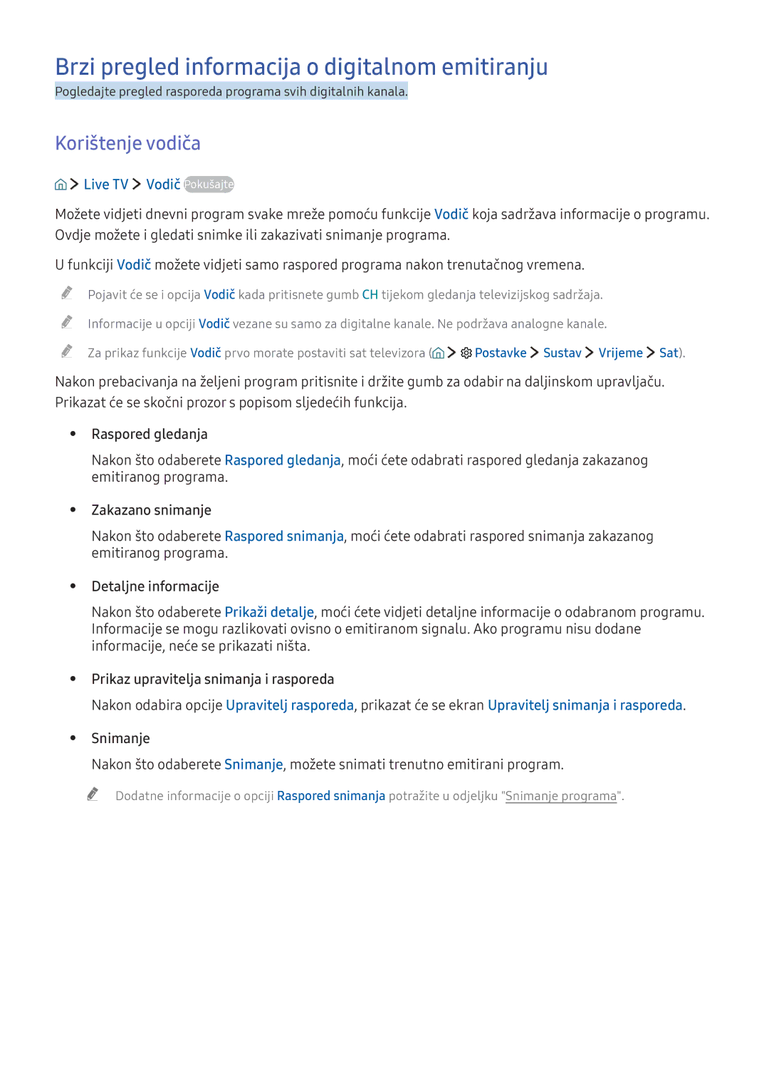Samsung UE88KS9802TXXH manual Brzi pregled informacija o digitalnom emitiranju, Korištenje vodiča, Live TV Vodič Pokušajte 