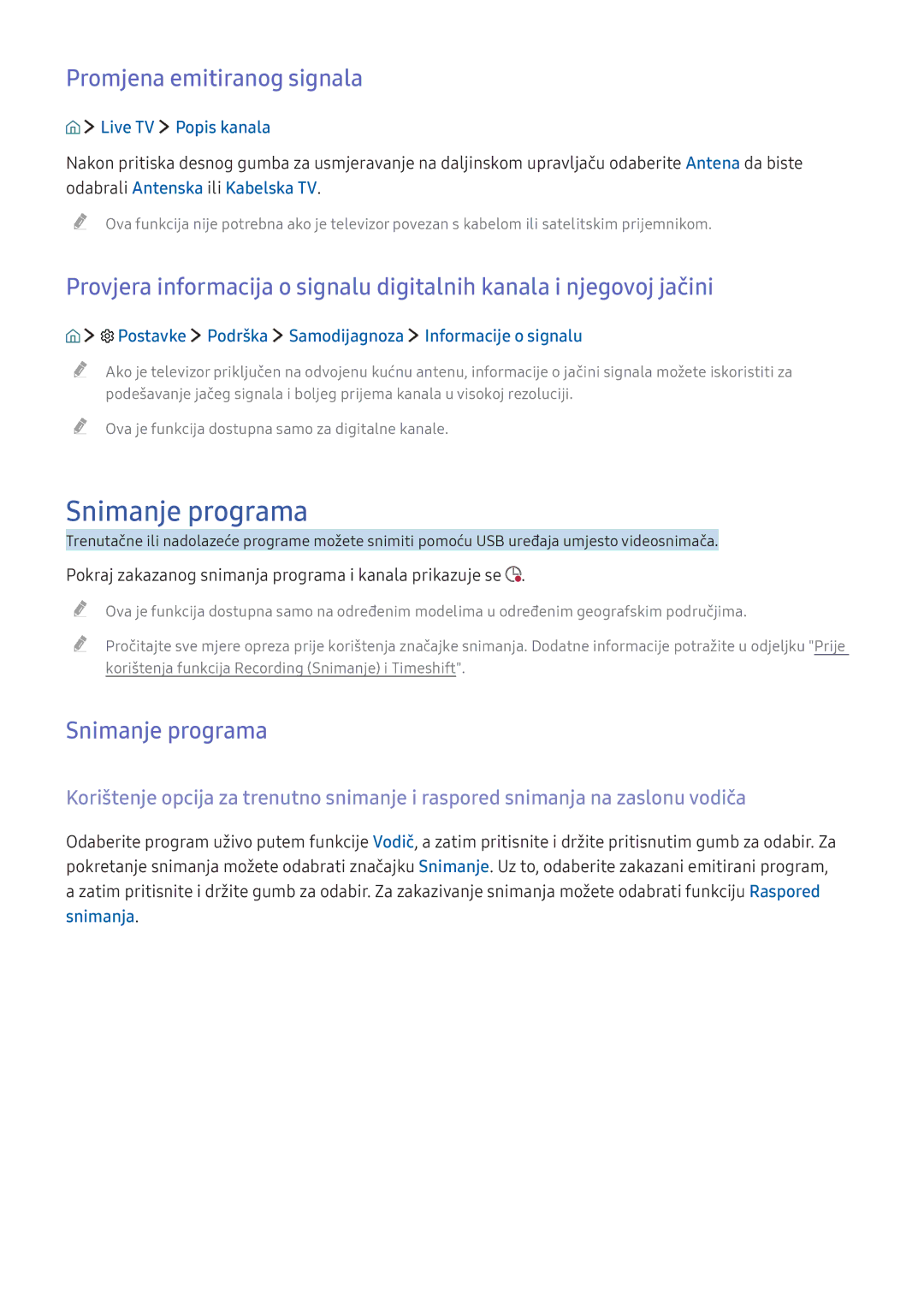 Samsung UE40KU6452UXXH, UE49KS9002TXXH, UE49KS7502UXXH Snimanje programa, Promjena emitiranog signala, Live TV Popis kanala 