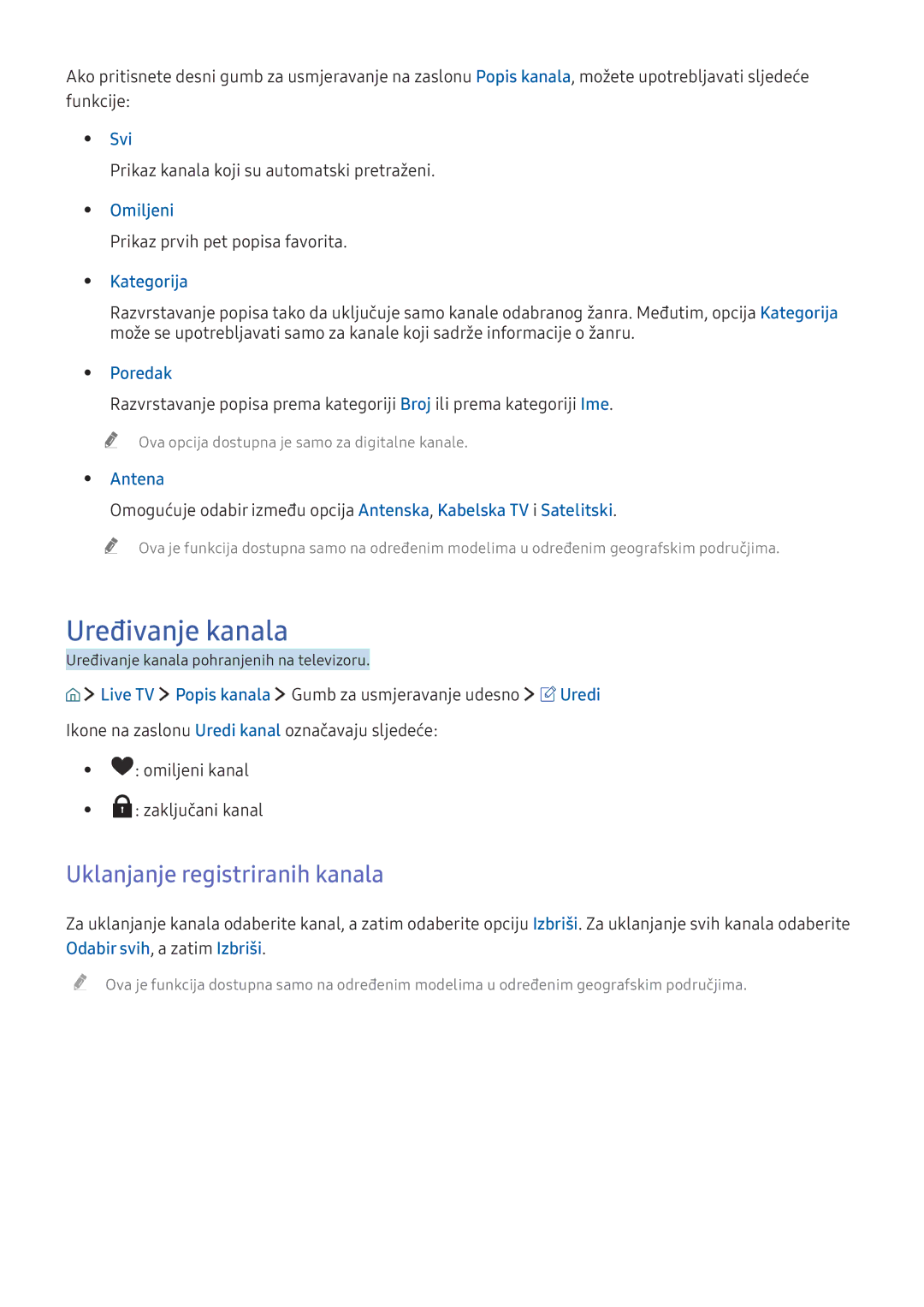 Samsung UE65KS7502UXXH, UE49KS9002TXXH, UE49KS7502UXXH, UE49KU6172UXXH Uređivanje kanala, Uklanjanje registriranih kanala 