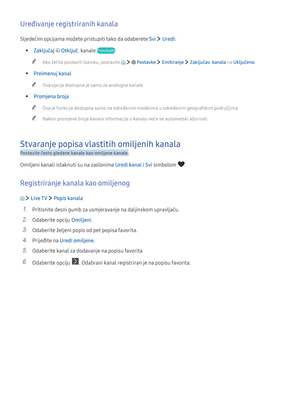 Samsung UE49KU6172UXXH, UE49KS9002TXXH manual Stvaranje popisa vlastitih omiljenih kanala, Uređivanje registriranih kanala 