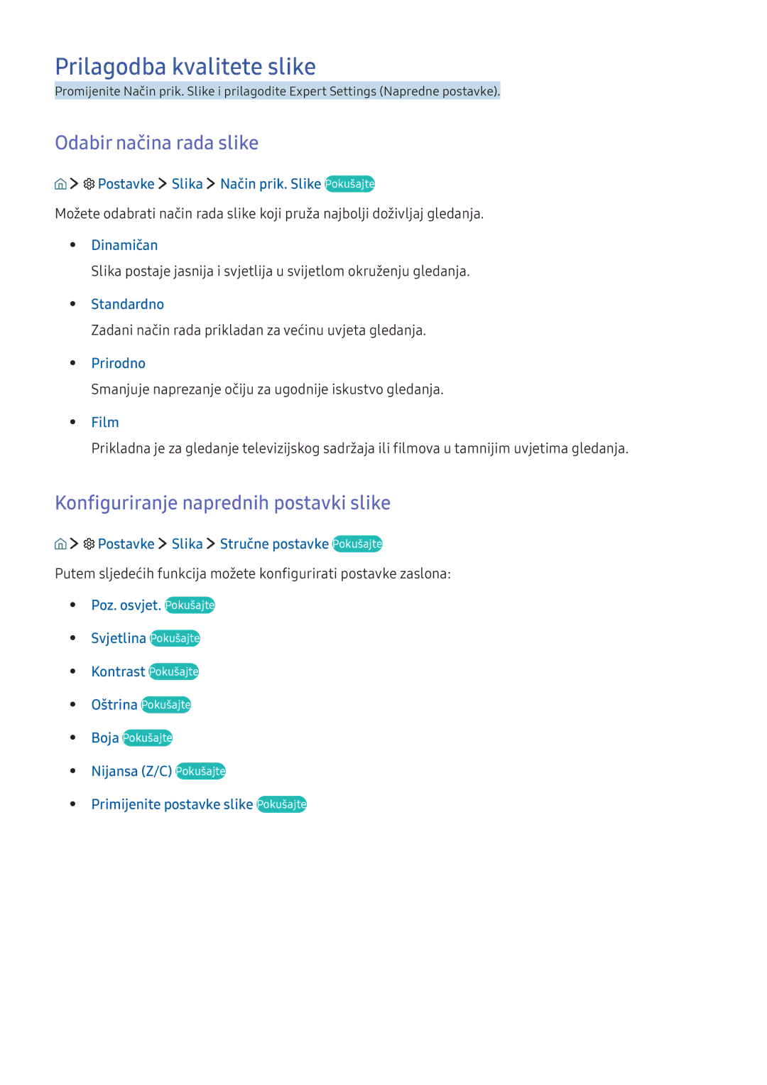 Samsung UE65KS8002TXXH manual Prilagodba kvalitete slike, Odabir načina rada slike, Konfiguriranje naprednih postavki slike 