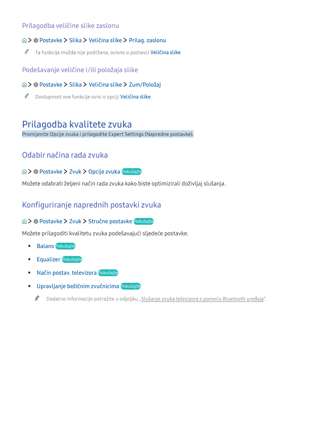 Samsung UE65KU6502UXXH manual Prilagodba kvalitete zvuka, Odabir načina rada zvuka, Konfiguriranje naprednih postavki zvuka 