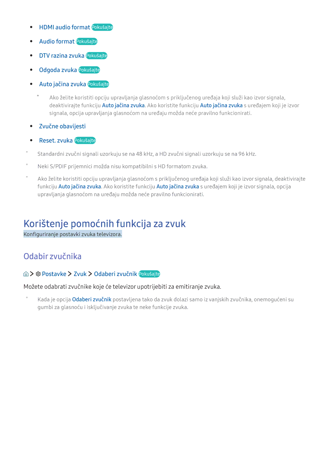 Samsung UE43KU6512UXXH, UE49KS9002TXXH, UE49KS7502UXXH, UE65KS7502UXXH Korištenje pomoćnih funkcija za zvuk, Odabir zvučnika 