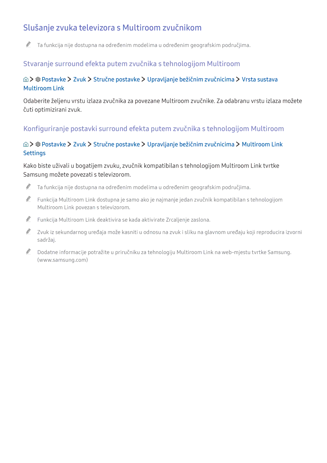 Samsung UE78KU6502UXXH, UE49KS9002TXXH, UE49KS7502UXXH, UE65KS7502UXXH manual Slušanje zvuka televizora s Multiroom zvučnikom 