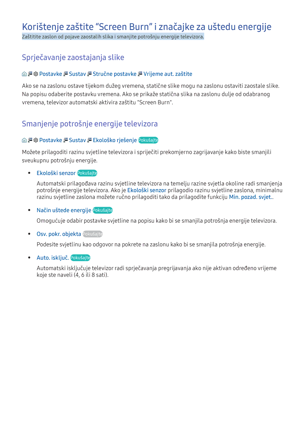 Samsung UE55KU6512UXXH, UE49KS9002TXXH manual Sprječavanje zaostajanja slike, Smanjenje potrošnje energije televizora 