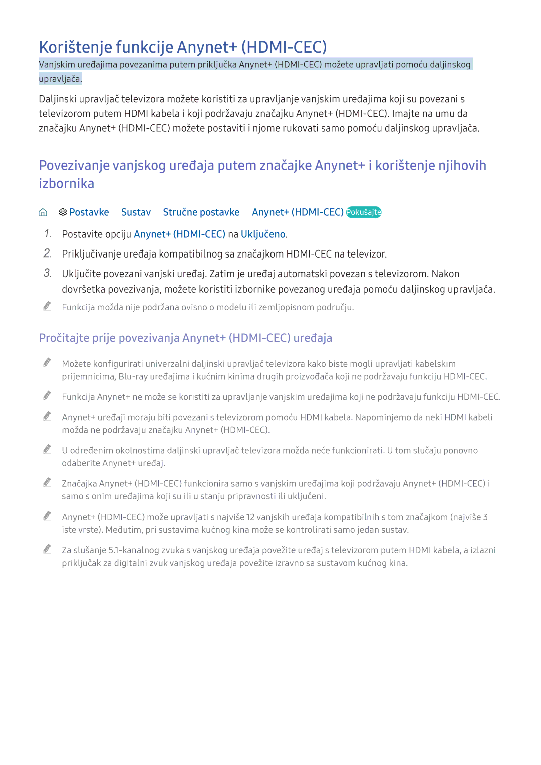Samsung UE40KU6172UXXH manual Korištenje funkcije Anynet+ HDMI-CEC, Pročitajte prije povezivanja Anynet+ HDMI-CEC uređaja 
