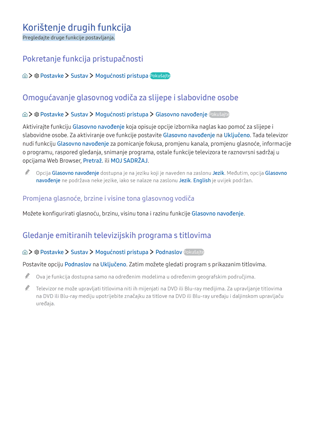 Samsung UE49KU6502UXXH, UE49KS9002TXXH, UE49KS7502UXXH manual Korištenje drugih funkcija, Pokretanje funkcija pristupačnosti 