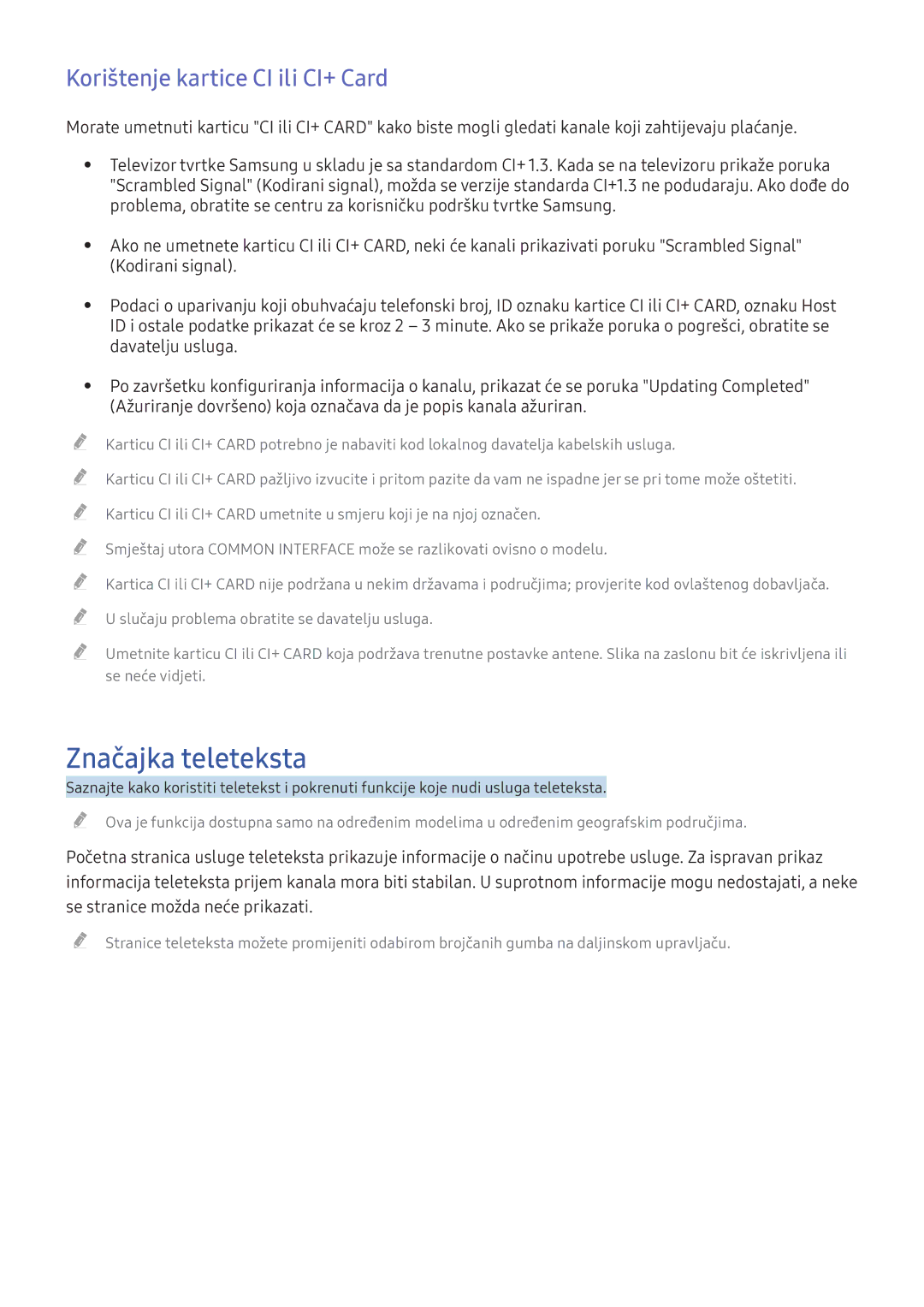 Samsung UE55KU6502UXXH manual Značajka teleteksta, Korištenje kartice CI ili CI+ Card, Kodirani signal, Davatelju usluga 