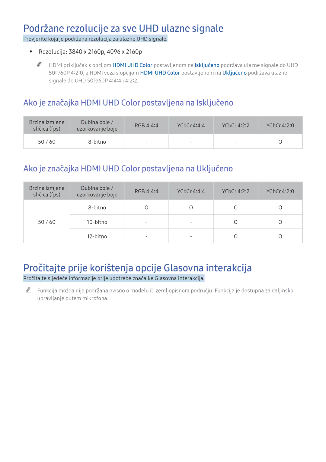 Samsung UE43KU6072UXXH manual Podržane rezolucije za sve UHD ulazne signale, Rezolucija 3840 x 2160p, 4096 x 2160p 