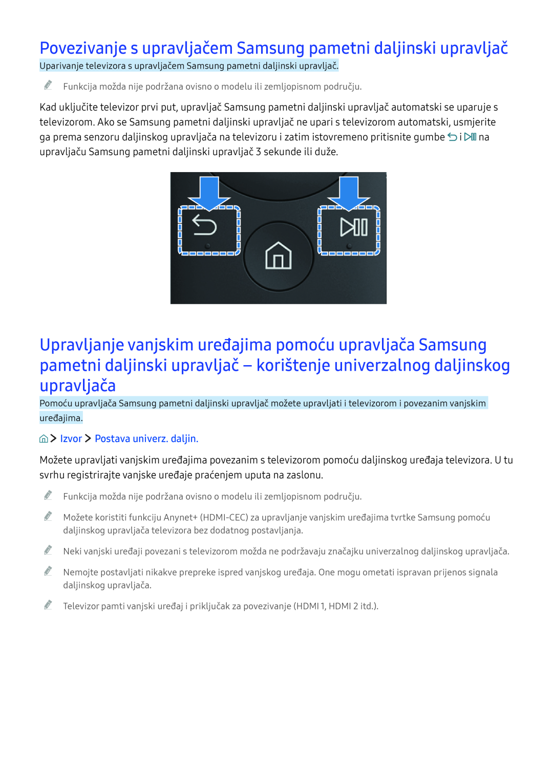 Samsung UE49KU6402UXXH manual Izvor Postava univerz. daljin, Povezivanje s upravljačem Samsung pametni daljinski upravljač 