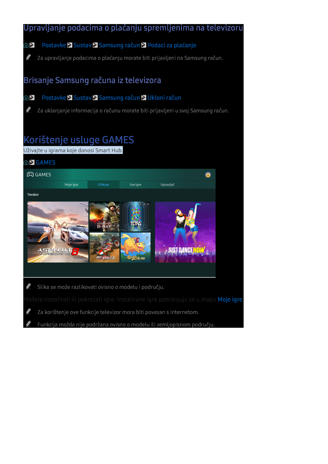 Samsung UE65KS7002UXXH manual Korištenje usluge GAMES, Upravljanje podacima o plaćanju spremljenima na televizoru, Games 