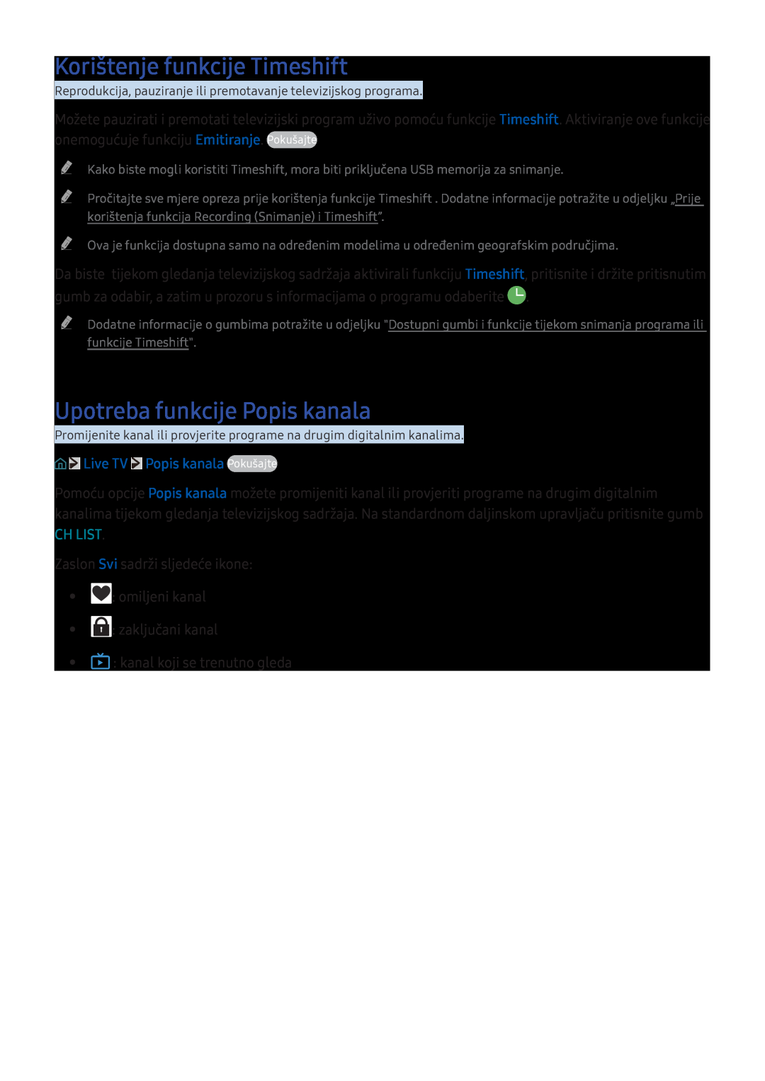 Samsung UE49KS7502UXXH manual Korištenje funkcije Timeshift, Upotreba funkcije Popis kanala, Live TV Popis kanala Pokušajte 