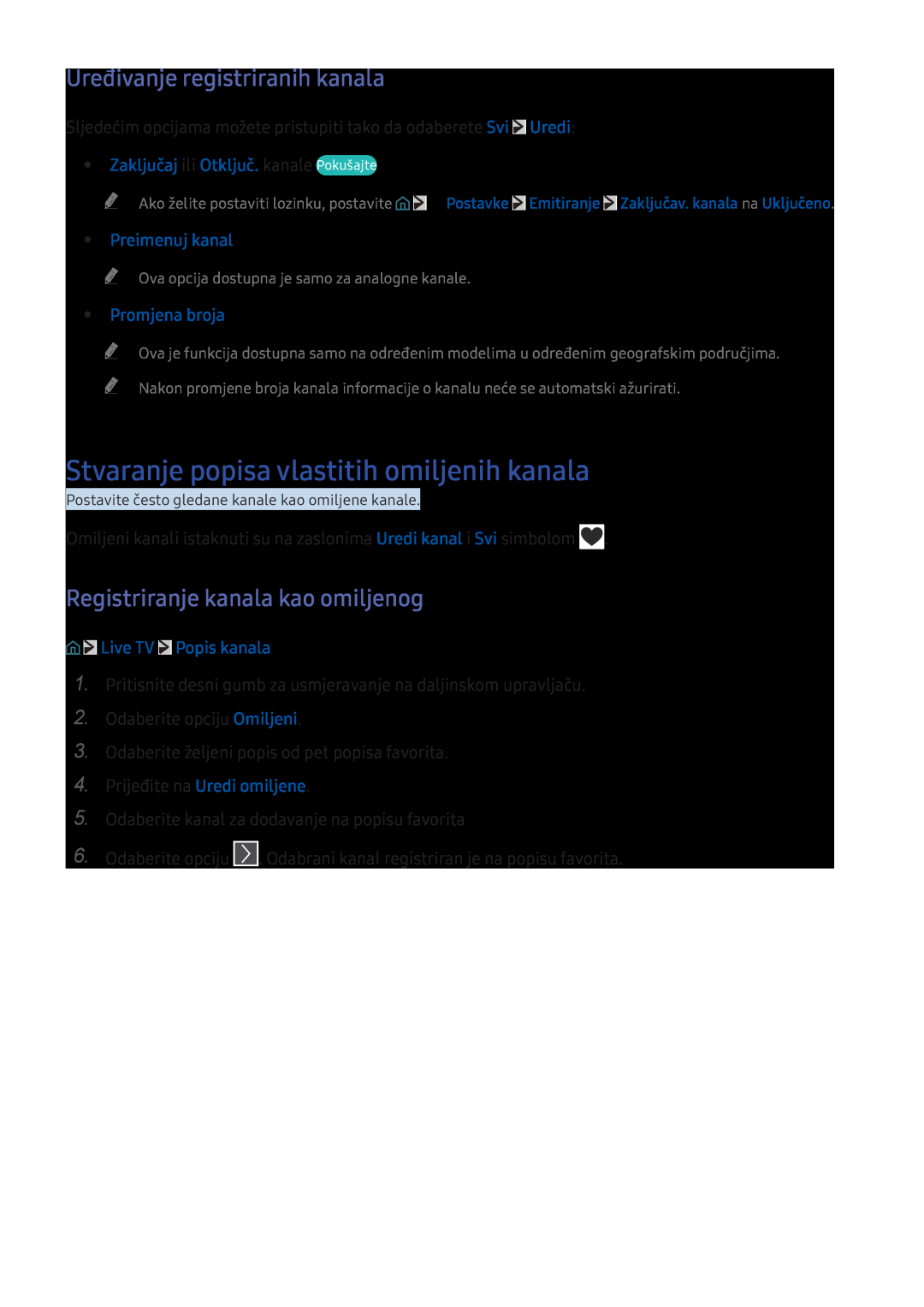 Samsung UE49KU6172UXXH manual Stvaranje popisa vlastitih omiljenih kanala, Uređivanje registriranih kanala, Preimenuj kanal 