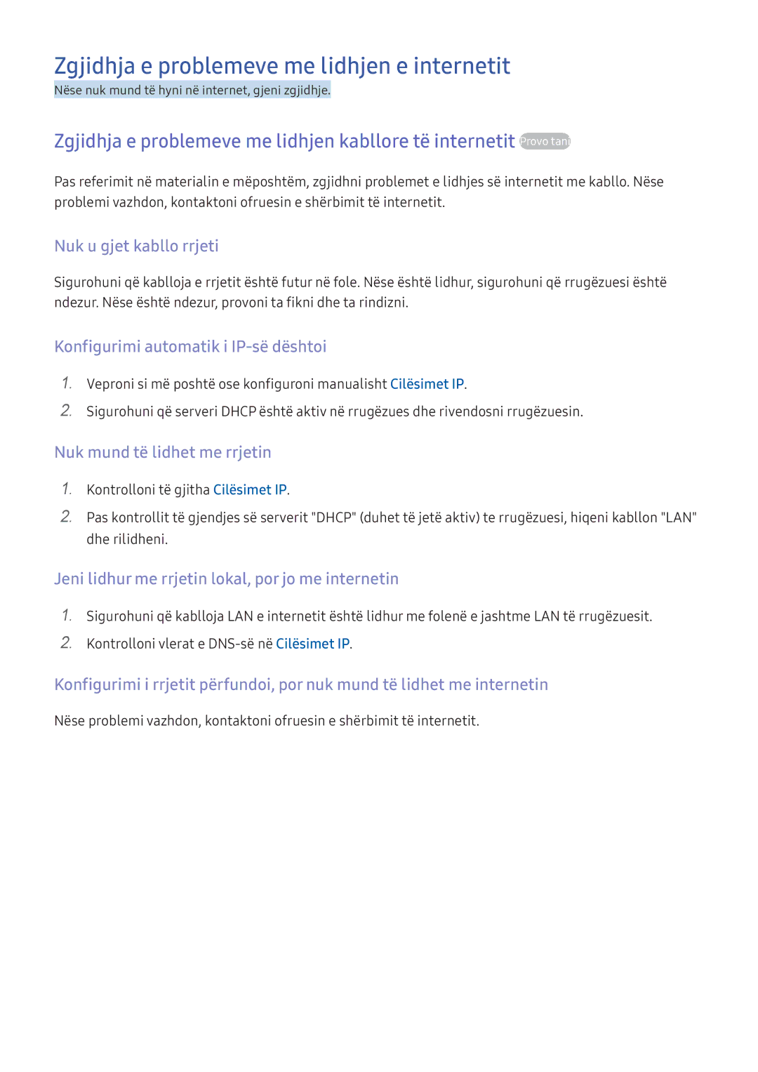 Samsung UE65KU6502UXXH, UE49KS9002TXXH manual Zgjidhja e problemeve me lidhjen e internetit, Nuk u gjet kabllo rrjeti 