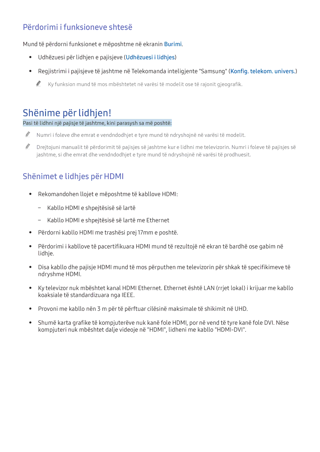 Samsung UE40KU6402UXXH, UE49KS9002TXXH Shënime për lidhjen, Përdorimi i funksioneve shtesë, Shënimet e lidhjes për Hdmi 