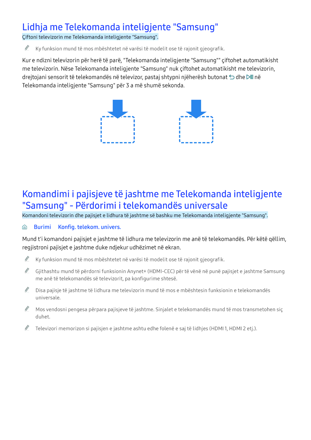 Samsung UE78KS9002TXXH, UE49KS9002TXXH manual Lidhja me Telekomanda inteligjente Samsung, Burimi Konfig. telekom. univers 