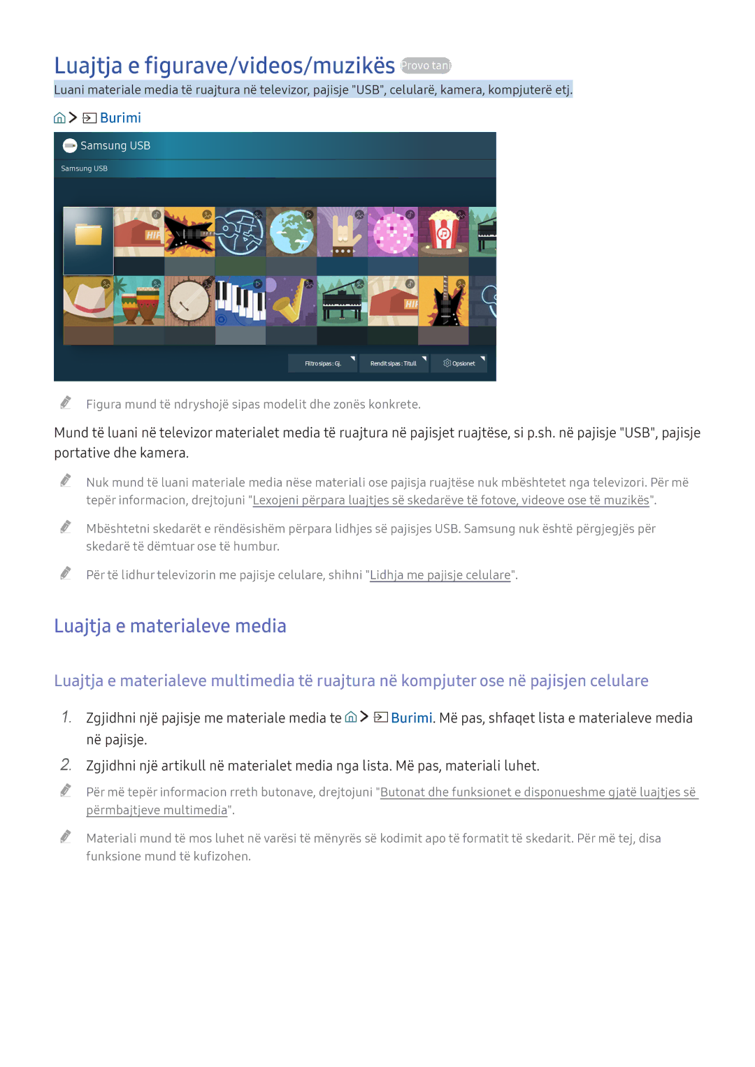 Samsung UE55KU6172UXXH, UE49KS9002TXXH manual Luajtja e figurave/videos/muzikës Provo tani, Luajtja e materialeve media 