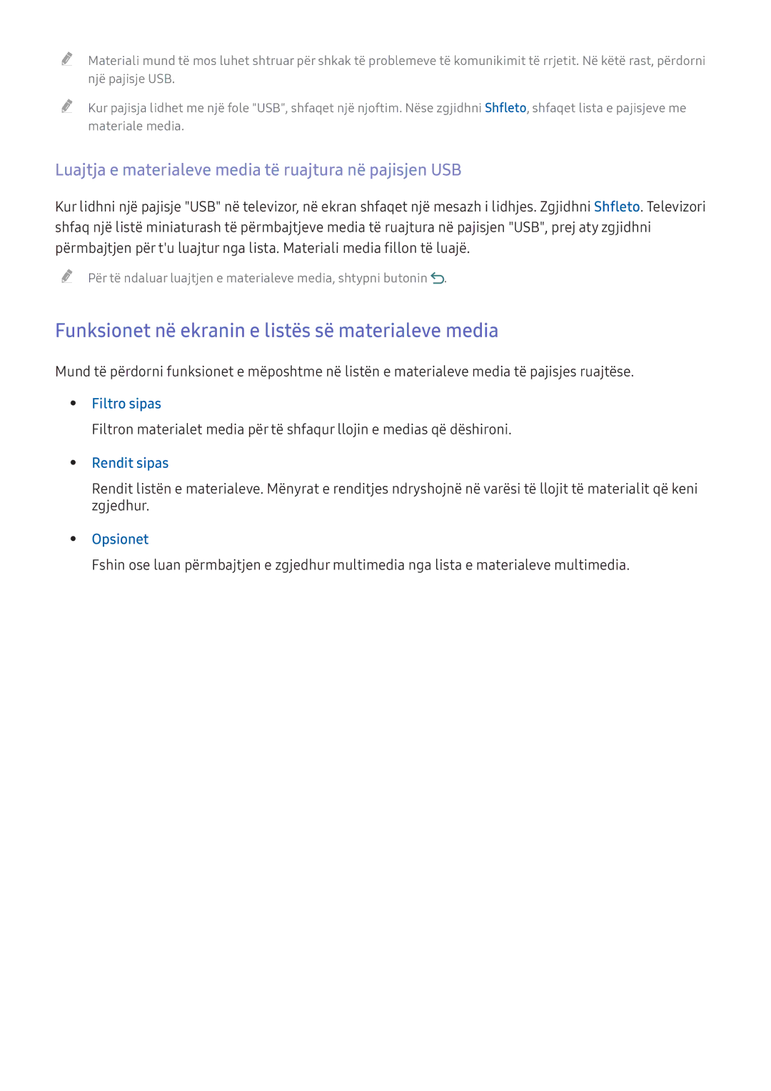 Samsung UE49KS9002TXXH manual Funksionet në ekranin e listës së materialeve media, Filtro sipas, Rendit sipas, Opsionet 