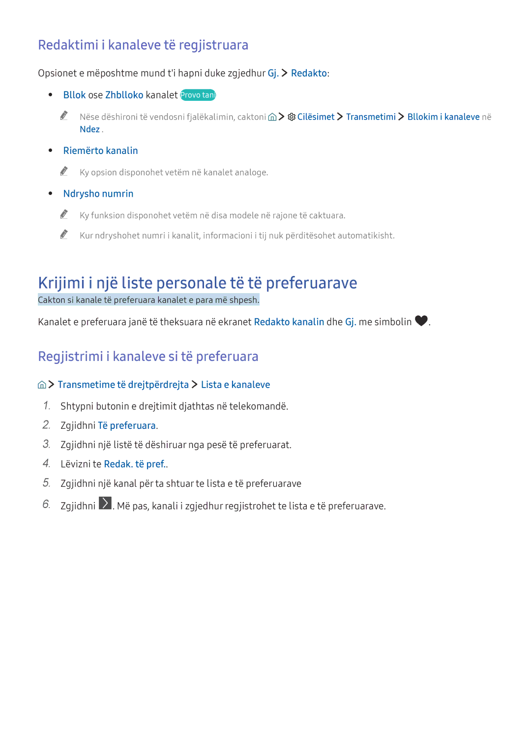 Samsung UE65KS8002TXXH manual Krijimi i një liste personale të të preferuarave, Redaktimi i kanaleve të regjistruara 