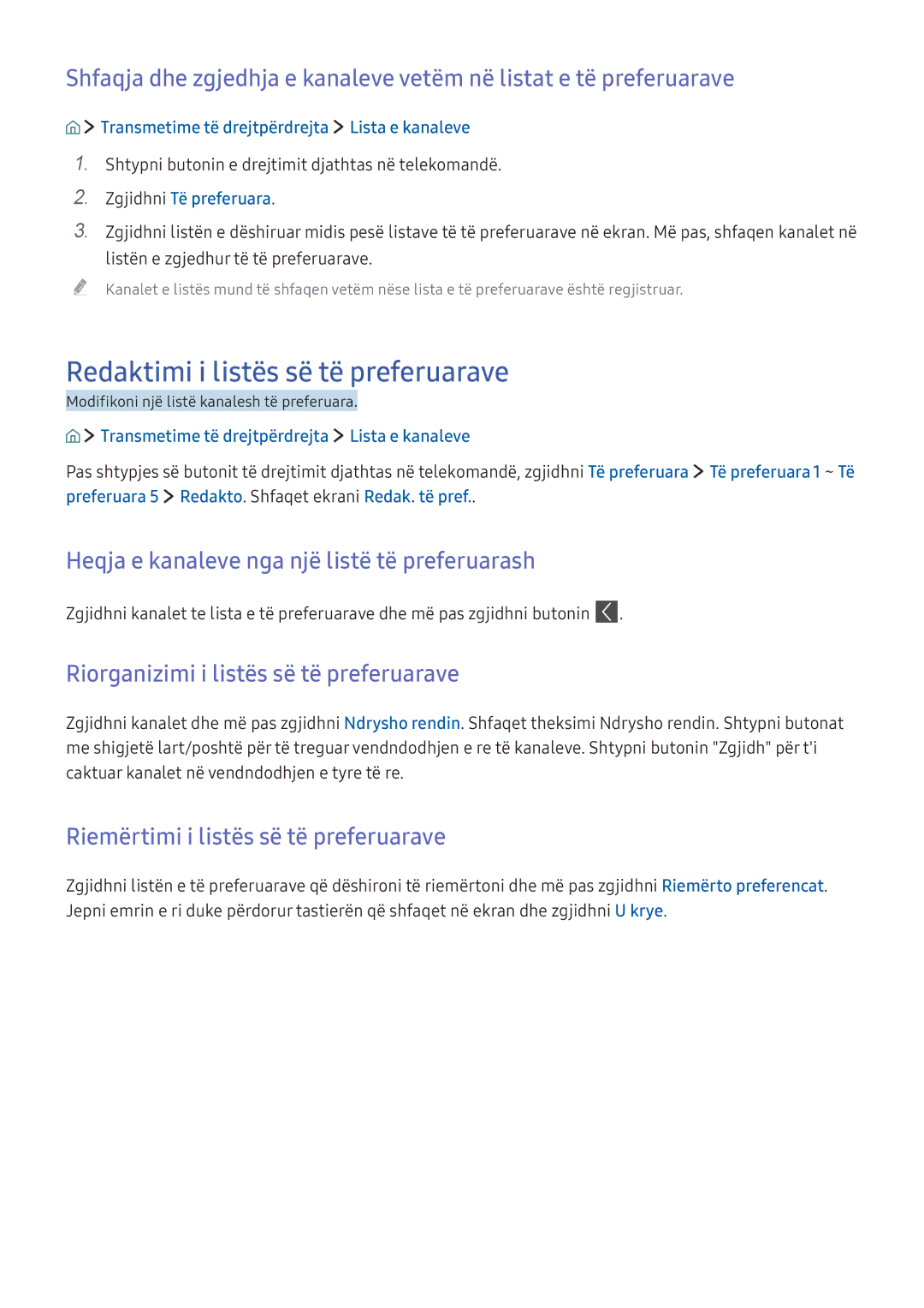 Samsung UE75KS8002TXXH manual Redaktimi i listës së të preferuarave, Heqja e kanaleve nga një listë të preferuarash 