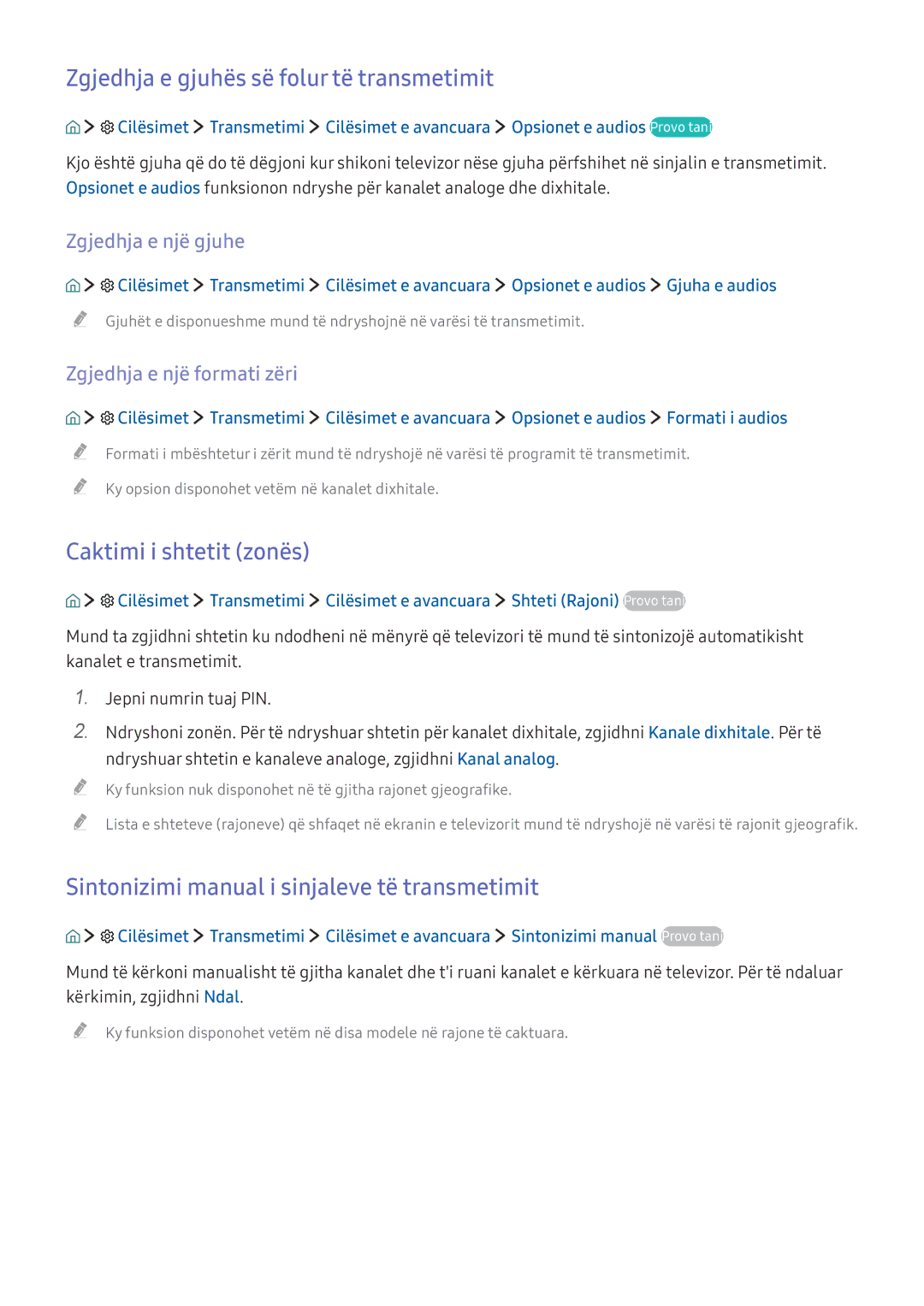 Samsung UE65KU6502UXXH manual Zgjedhja e gjuhës së folur të transmetimit, Caktimi i shtetit zonës, Zgjedhja e një gjuhe 