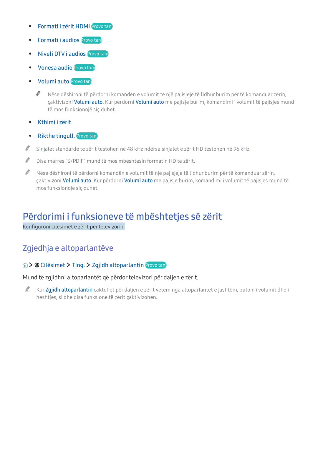 Samsung UE40KU6402UXXH, UE49KS9002TXXH manual Përdorimi i funksioneve të mbështetjes së zërit, Zgjedhja e altoparlantëve 