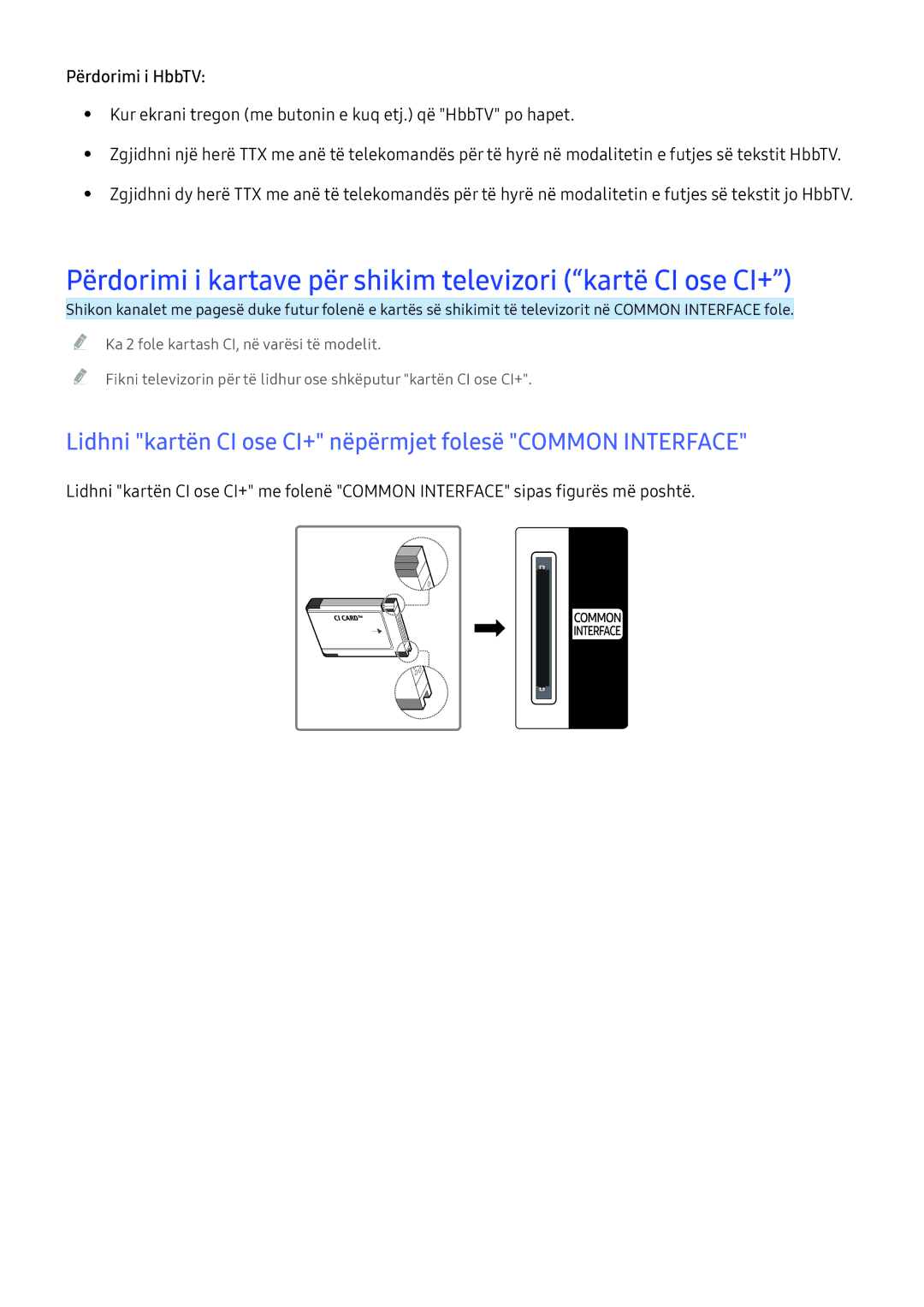 Samsung UE65KU6402UXXH, UE49KS9002TXXH, UE65KS7502UXXH manual Përdorimi i kartave për shikim televizori kartë CI ose CI+ 