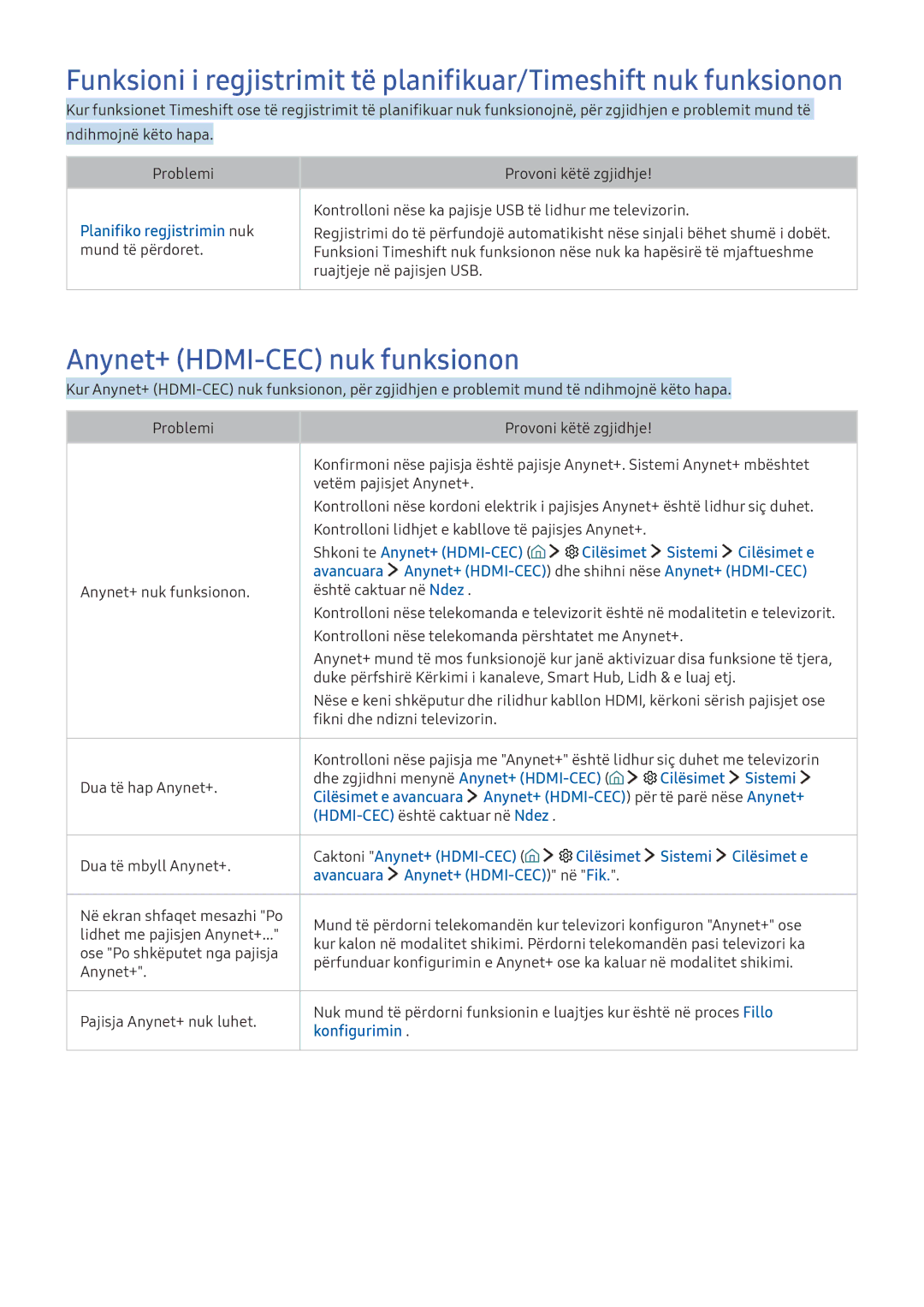 Samsung UE50KU6072UXXH, UE49KS9002TXXH manual Anynet+ HDMI-CEC nuk funksionon, Planifiko regjistrimin nuk, Konfigurimin 