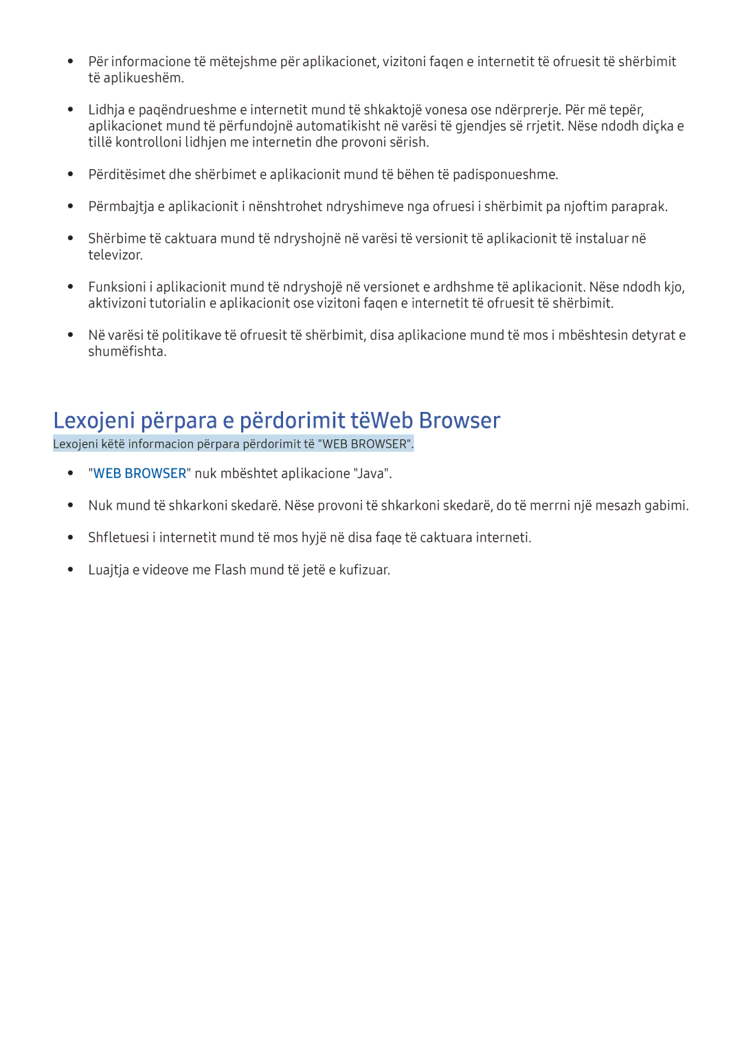 Samsung UE65KS9002TXXH manual Lexojeni përpara e përdorimit tëWeb Browser, WEB Browser nuk mbështet aplikacione Java 