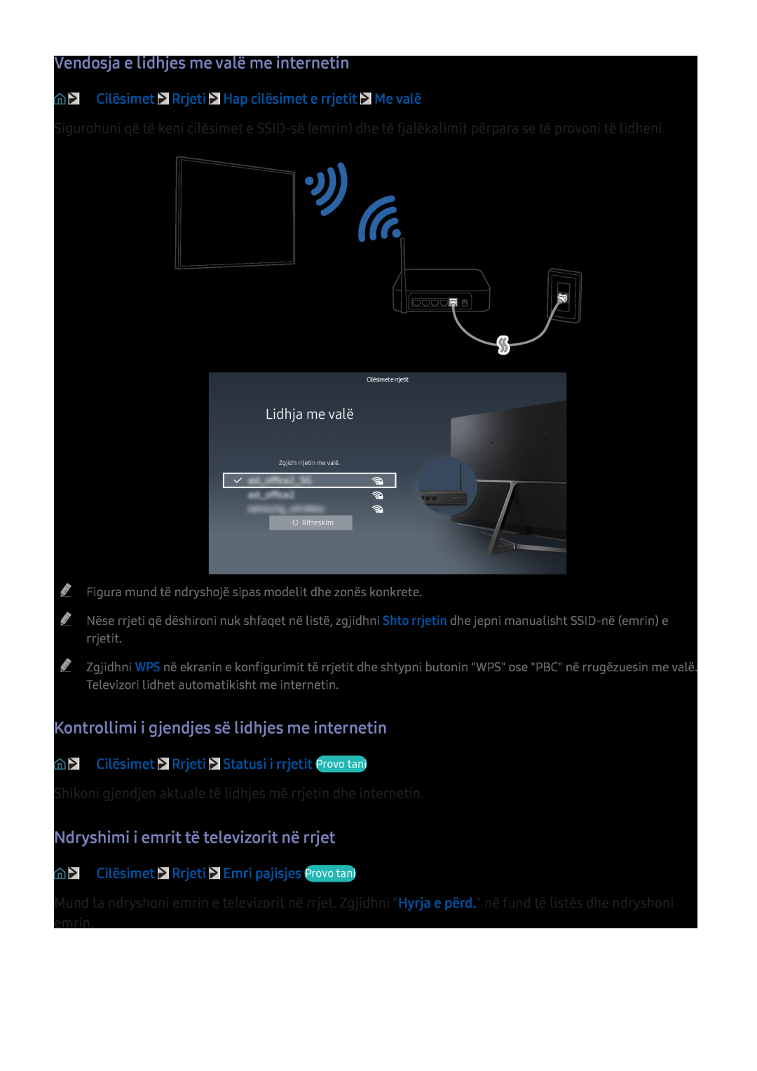 Samsung UE60KU6072UXXH manual Vendosja e lidhjes me valë me internetin, Kontrollimi i gjendjes së lidhjes me internetin 