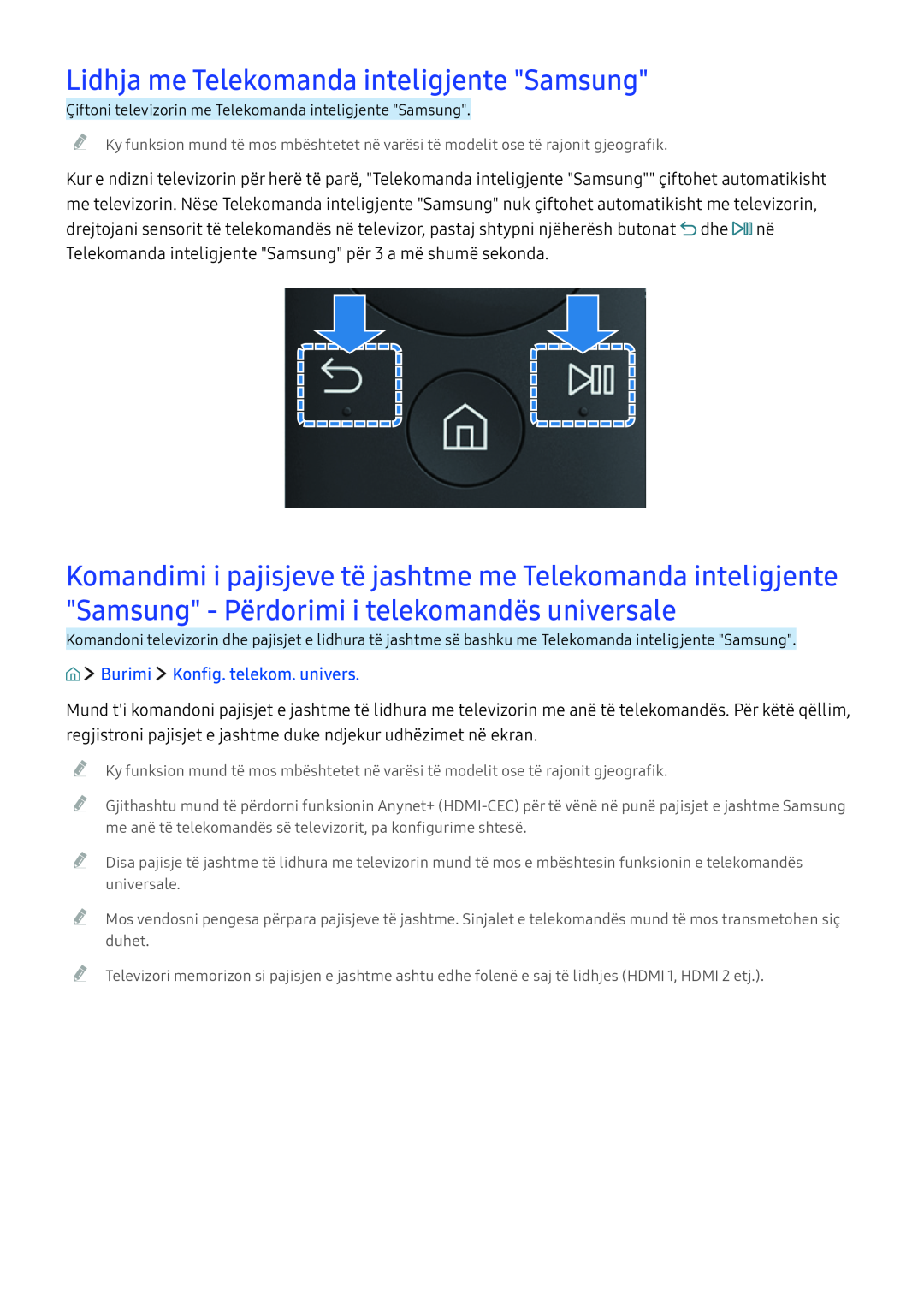 Samsung UE78KS9002TXXH, UE49KS9002TXXH manual Burimi Konfig. telekom. univers, Lidhja me Telekomanda inteligjente Samsung 