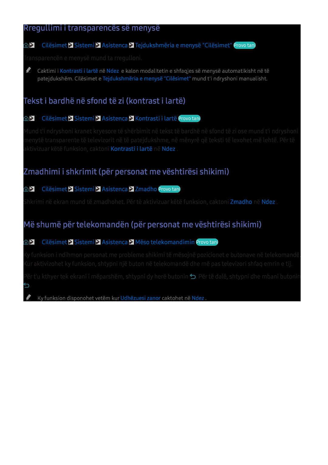 Samsung UE55KU6502UXXH manual Rregullimi i transparencës së menysë, Tekst i bardhë në sfond të zi kontrast i lartë 