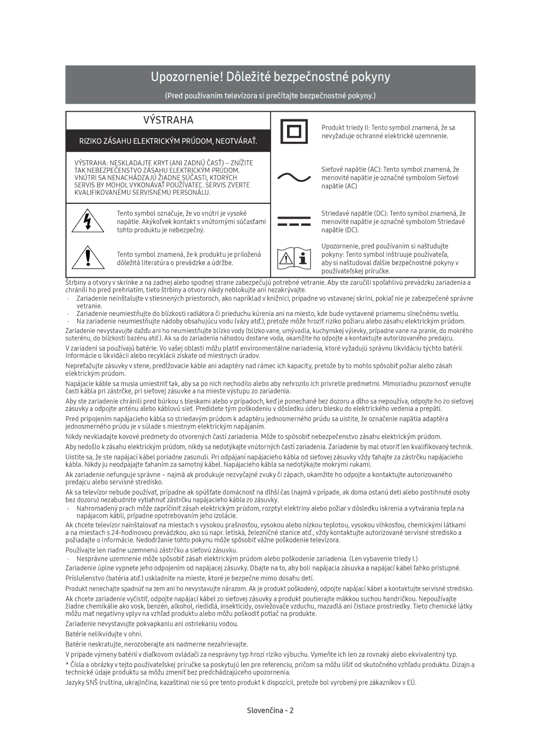 Samsung UE65KS9000LXXN, UE49KS9002TXXH, UE65KS9000LXXH, UE55KS9000LXXH Upozornenie! Dôležité bezpečnostné pokyny, Slovenčina 