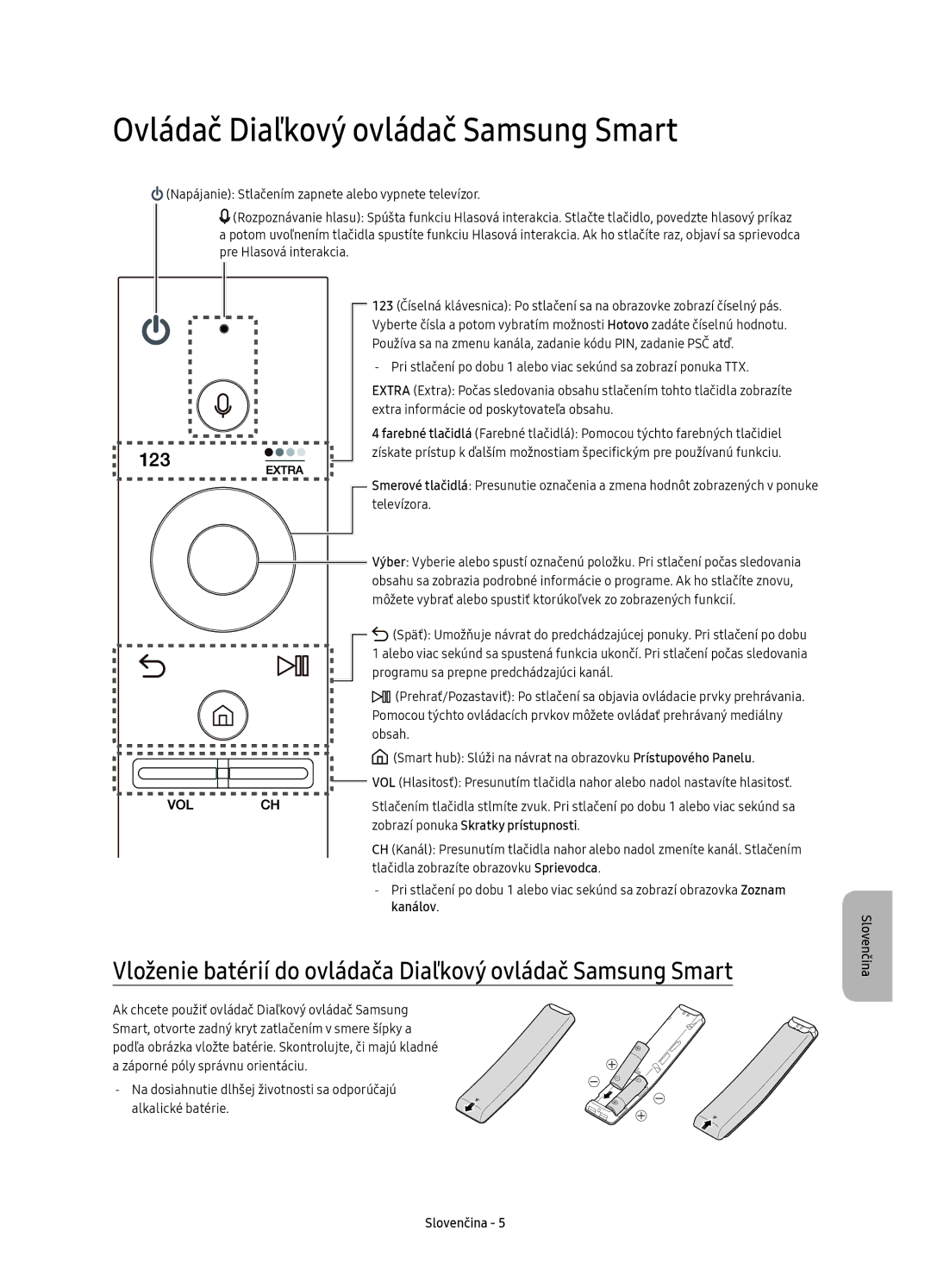 Samsung UE78KS9002TXXH Ovládač Diaľkový ovládač Samsung Smart, Vloženie batérií do ovládača Diaľkový ovládač Samsung Smart 