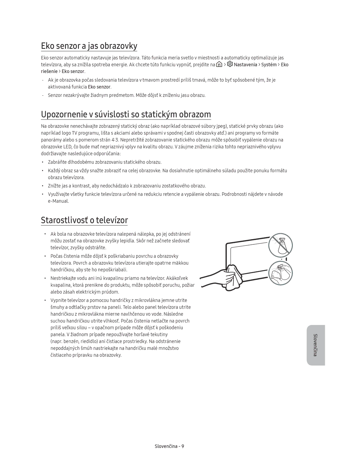 Samsung UE78KS9000LXXN, UE49KS9002TXXH manual Eko senzor a jas obrazovky, Upozornenie v súvislosti so statickým obrazom 