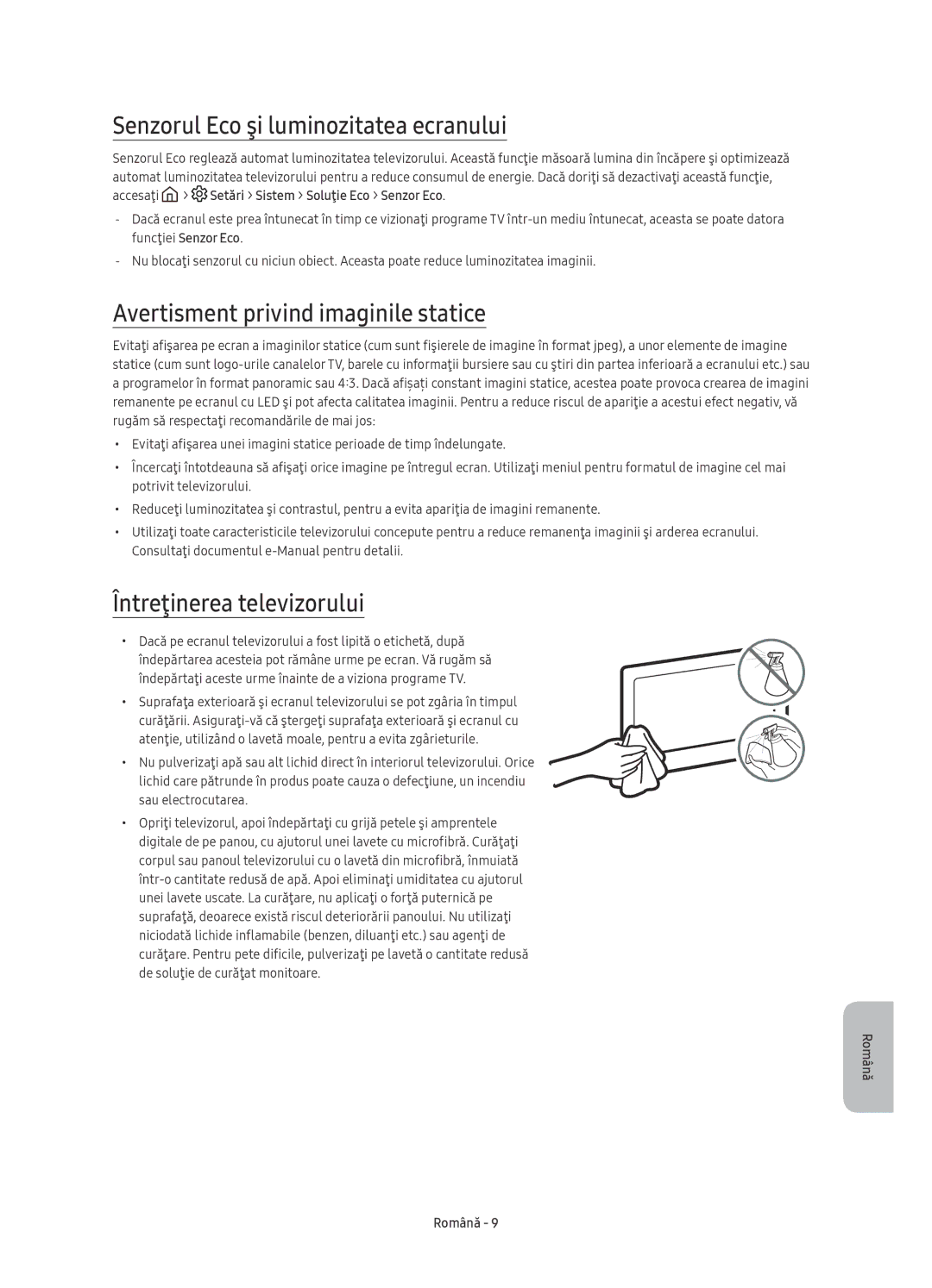 Samsung UE65KS9000LXXH, UE49KS9002TXXH manual Senzorul Eco şi luminozitatea ecranului, Avertisment privind imaginile statice 