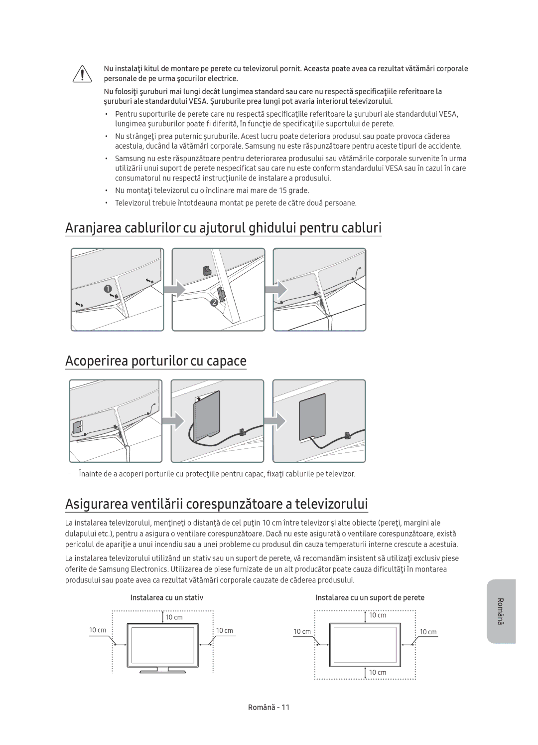 Samsung UE49KS9000LXXH, UE49KS9002TXXH manual Asigurarea ventilării corespunzătoare a televizorului, Instalarea cu un stativ 