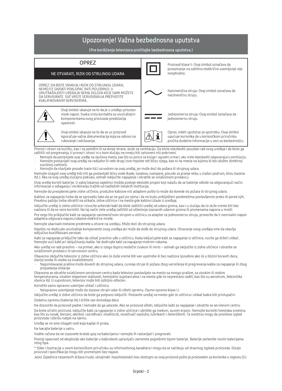 Samsung UE49KS9000LXXN, UE49KS9002TXXH, UE65KS9000LXXH, UE55KS9000LXXH manual Upozorenje! Važna bezbednosna uputstva, Srpski 