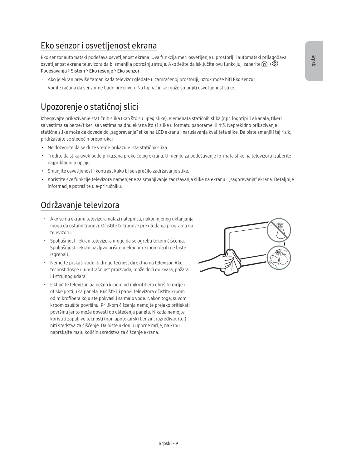 Samsung UE49KS9000LXXH manual Eko senzor i osvetljenost ekrana, Upozorenje o statičnoj slici, Održavanje televizora 