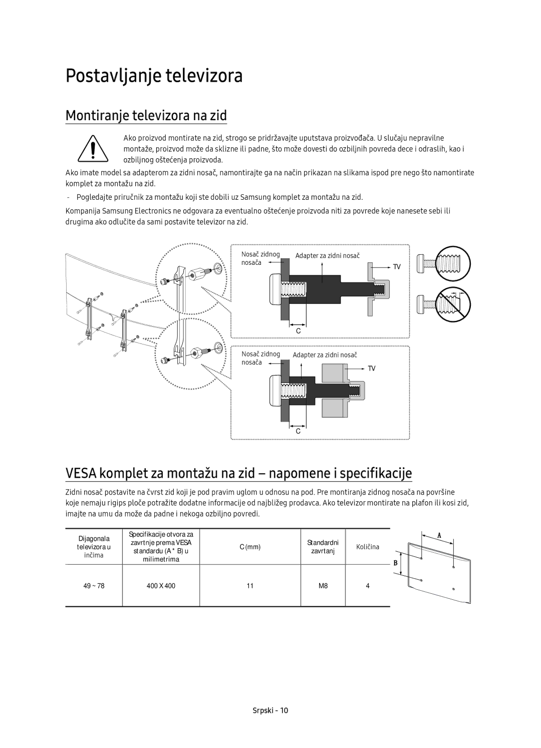 Samsung UE65KS9000LXXN manual Montiranje televizora na zid, Vesa komplet za montažu na zid napomene i specifikacije 