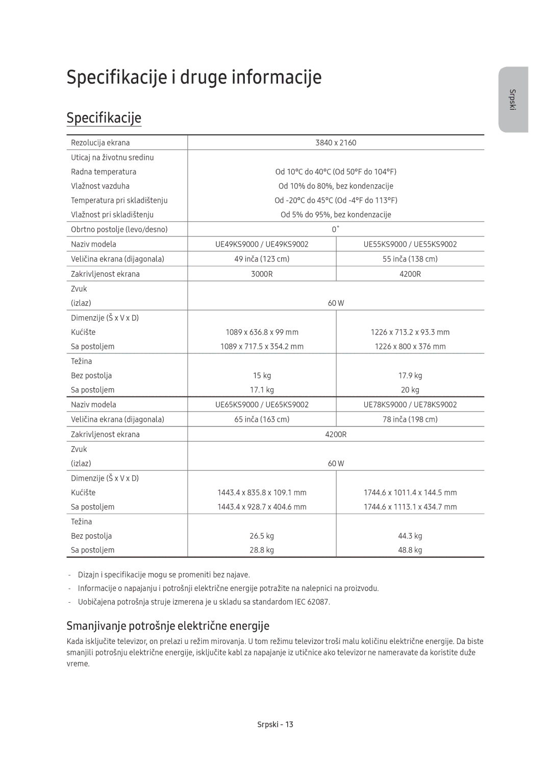 Samsung UE78KS9002TXXH, UE49KS9002TXXH manual Specifikacije i druge informacije, Smanjivanje potrošnje električne energije 