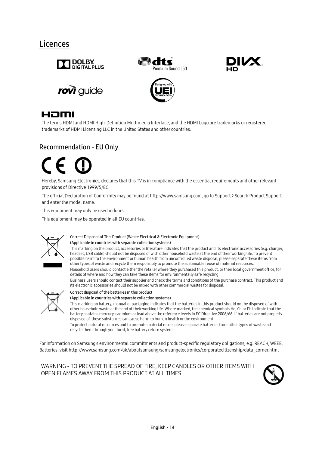 Samsung UE55KS9000LXXH, UE49KS9002TXXH, UE65KS9000LXXH, UE49KS9000LXXH, UE65KS9000LXXN manual Licences, Recommendation EU Only 