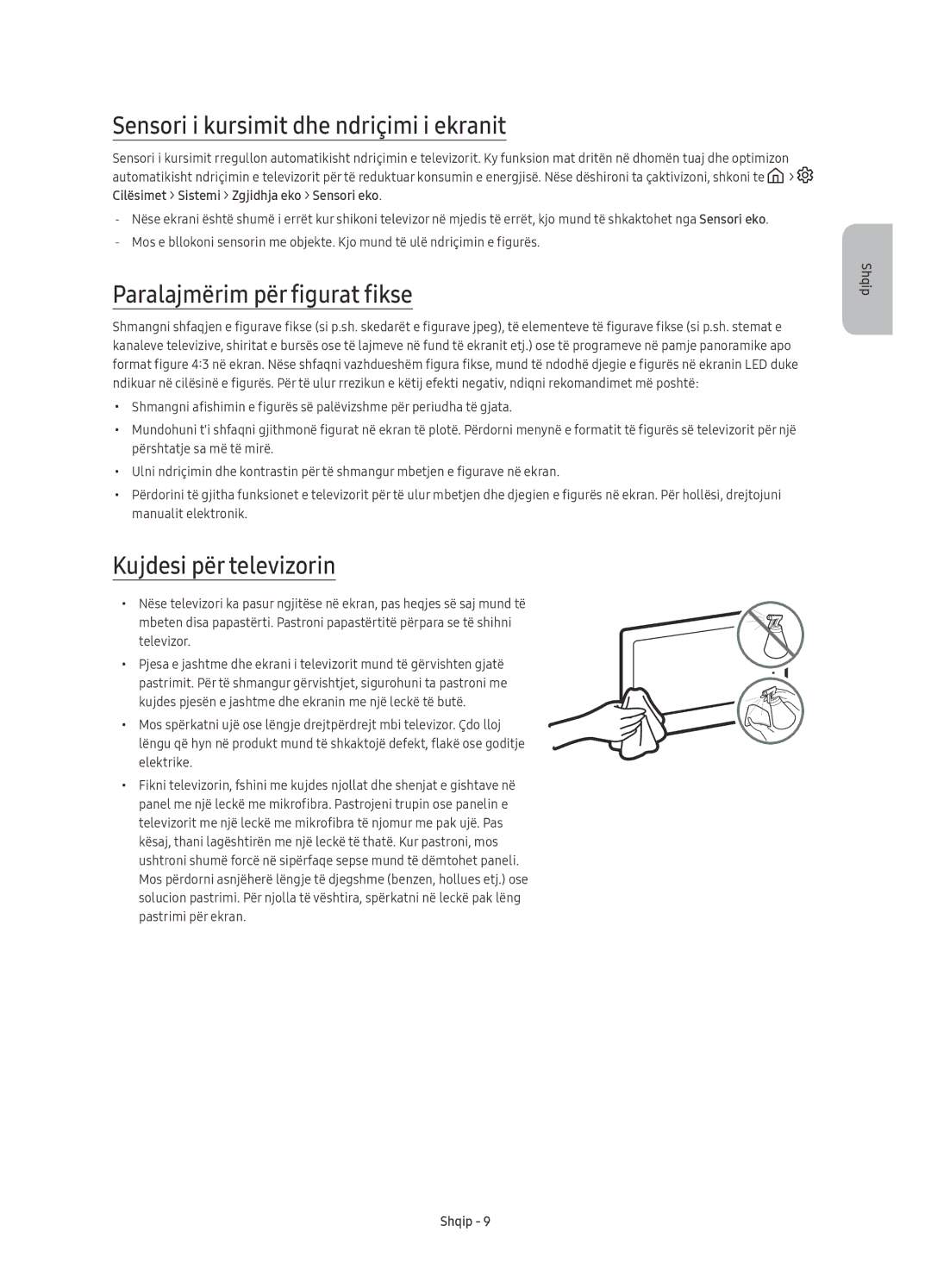 Samsung UE55KS9002TXXH Sensori i kursimit dhe ndriçimi i ekranit, Paralajmërim për figurat fikse, Kujdesi për televizorin 