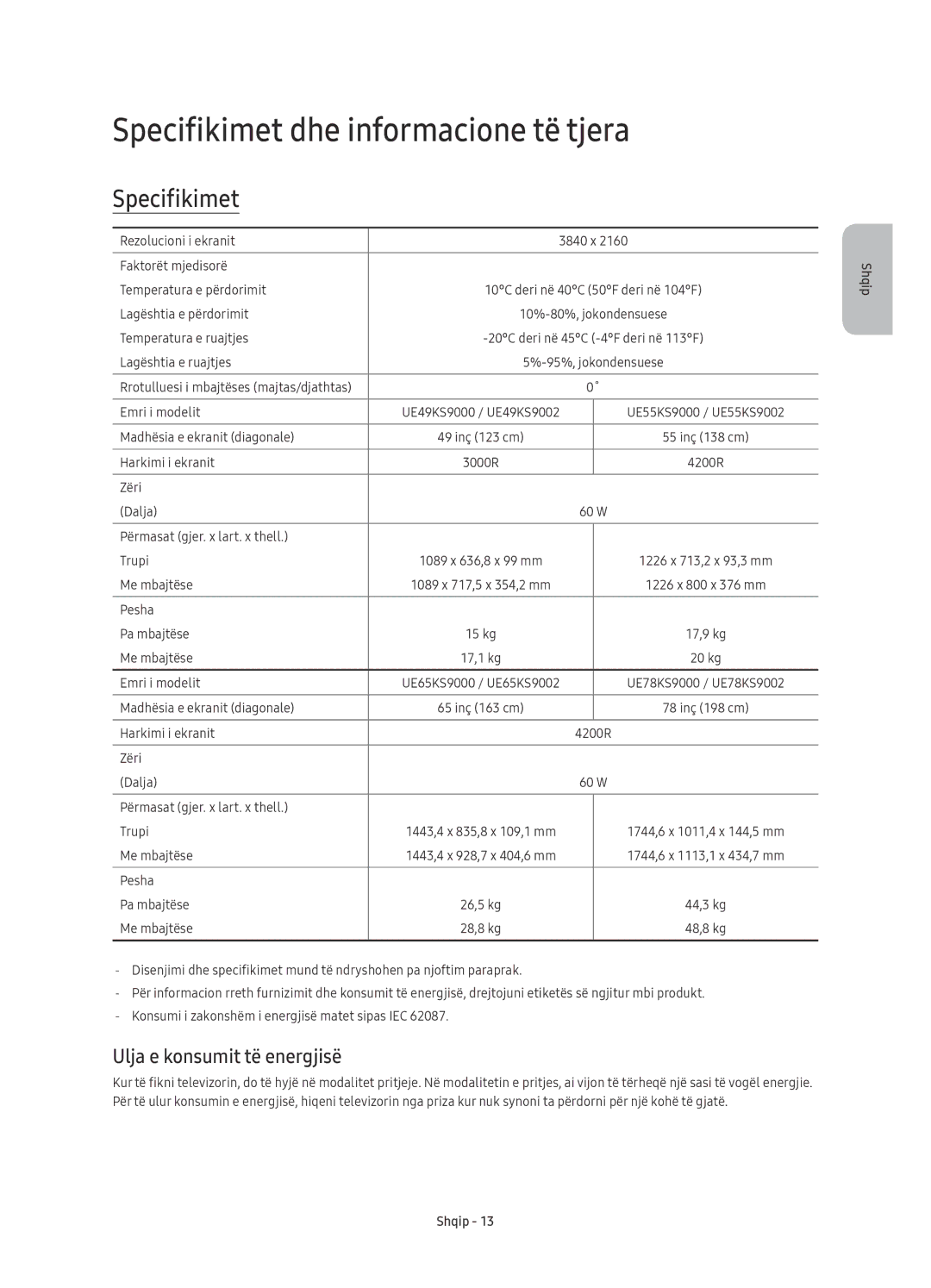 Samsung UE78KS9000LXXH, UE49KS9002TXXH, UE65KS9000LXXH Specifikimet dhe informacione të tjera, Ulja e konsumit të energjisë 