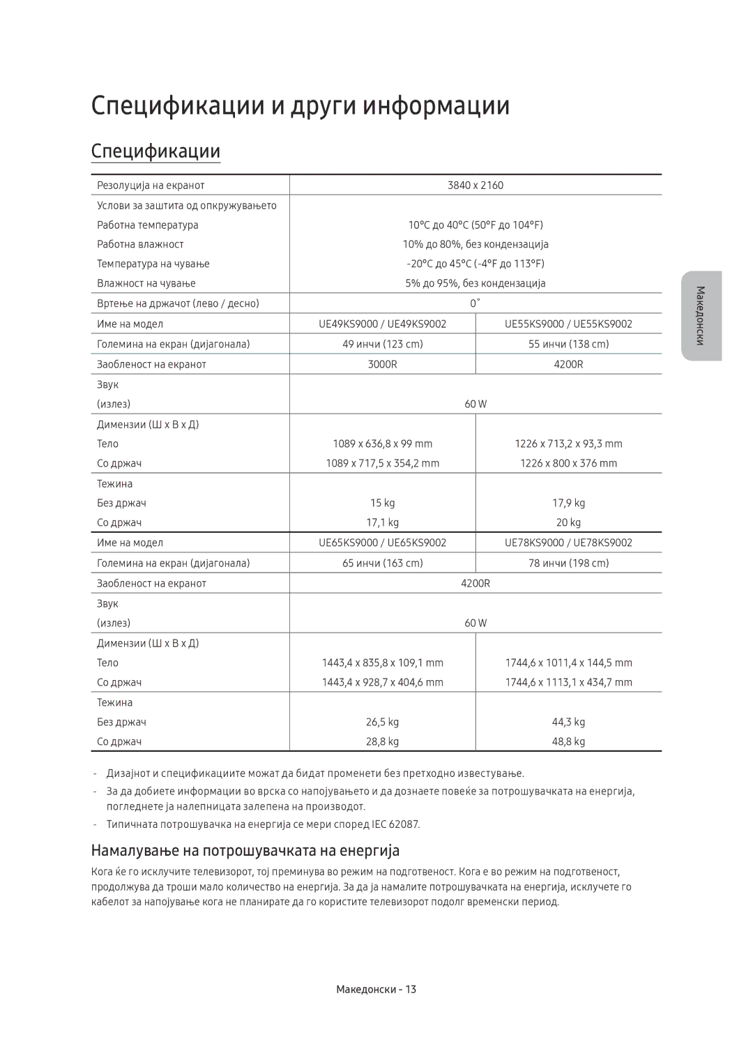 Samsung UE78KS9000LXXN, UE49KS9002TXXH manual Спецификации и други информации, Намалување на потрошувачката на енергија 