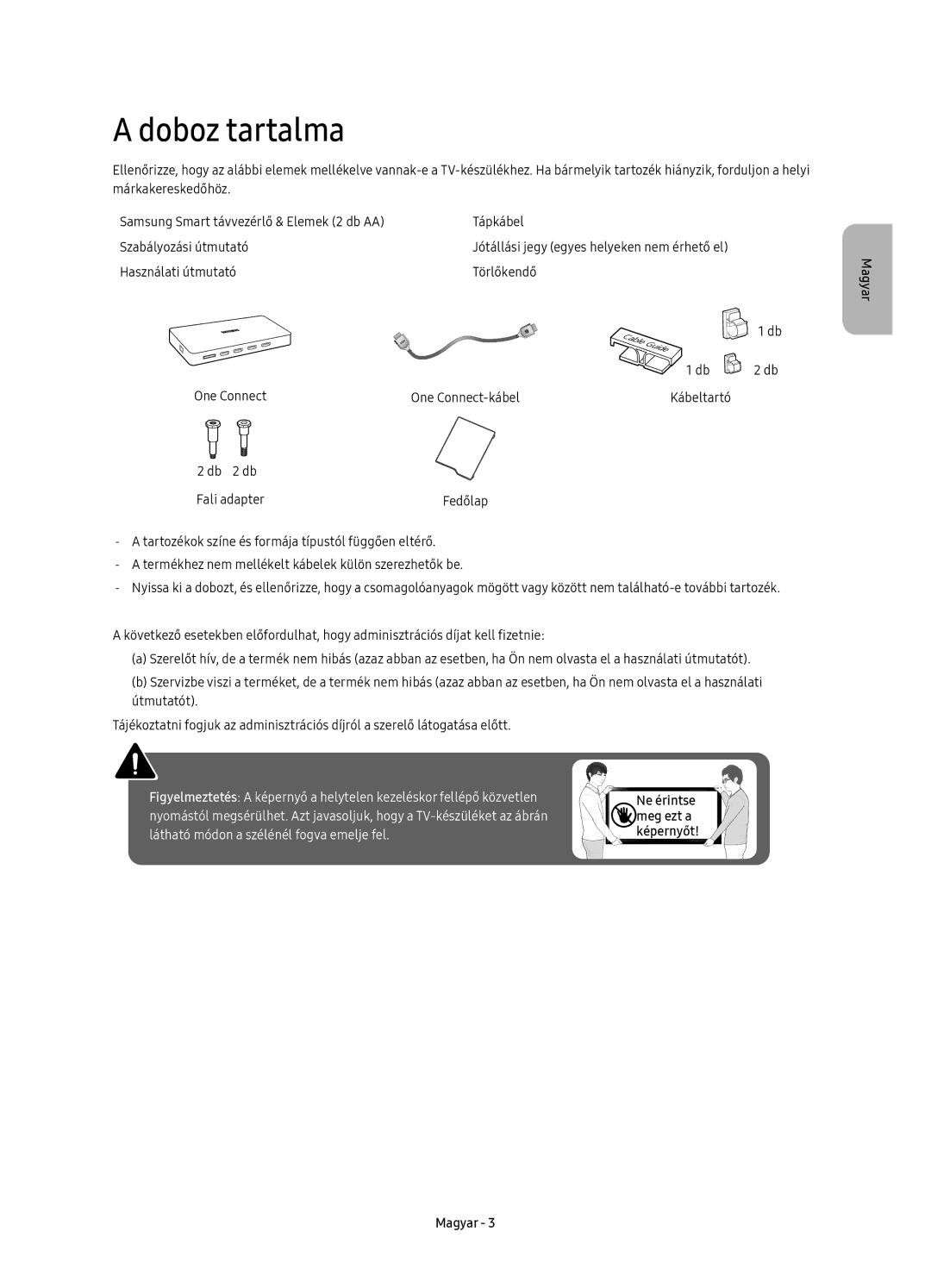 Samsung UE55KS9002TXXH, UE49KS9002TXXH, UE65KS9000LXXH, UE55KS9000LXXH manual Doboz tartalma, Kábeltartó Db 2 db Fali adapter 