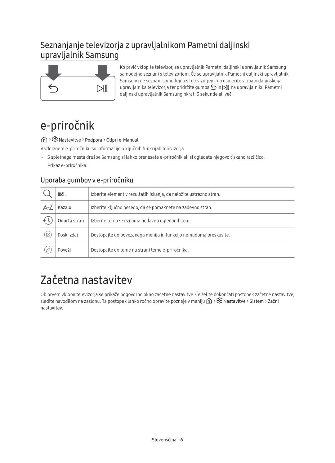 Samsung UE65KS9002TXXH, UE49KS9002TXXH, UE65KS9000LXXH manual Priročnik, Začetna nastavitev, Uporaba gumbov v e-priročniku 