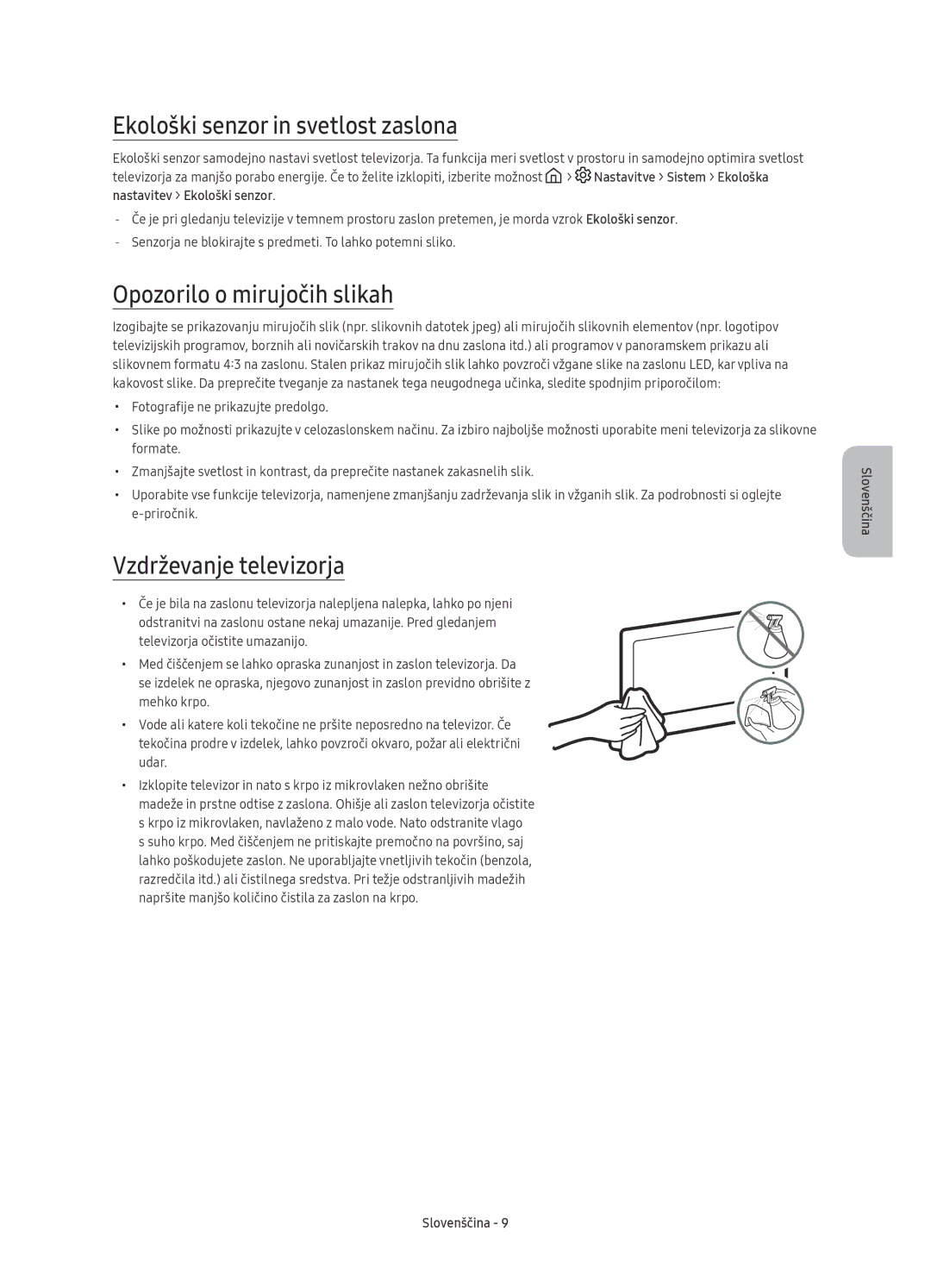 Samsung UE78KS9000LXXH manual Ekološki senzor in svetlost zaslona, Opozorilo o mirujočih slikah, Vzdrževanje televizorja 